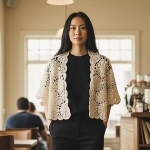 Roaman's Cream Crochet Short Cardigan